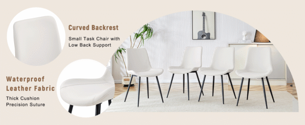 Table and chair set.71*35.4 inch Wooden And Black Spliced Dining Table With Storage Function In The Middle Of The Table Legs.Paired With 6 White Artificial PU Chairs With Curved Widened Cushion Design