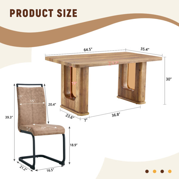 ace512a691ee4ad5a1d33d10f621b723_e0c2f230dacc87f2dd6e57c726561df3 Table and chair set.64.5 x 35.4 Inch Stylish Wood Color Textured Dining Table.Perfectly Blending Simplicity And Transparency.Paried With 4 Brown technology fabric chairs with arched black legs.