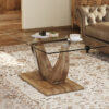 Modern minimalist transparent tempered glass coffee table with wooden MDF legs and stainless steel decorative columns. Computer desk. Game table. CT-907