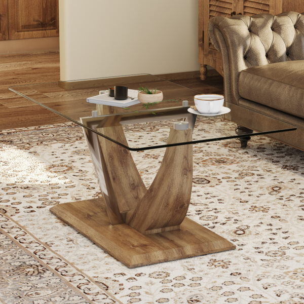 ace7e6b6aa264a3f806e4792069789b8_20240321_c2a5251f5ee5a5df5b587bd3a7966b6b Modern minimalist transparent tempered glass coffee table with wooden MDF legs and stainless steel decorative columns. Computer desk. Game table. CT-907