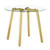 Modern Luxurious Round Tempered Glass Dining Table with Gold 7-Shaped Metal Legs,suitable for family meals, office conferences, or as a casual coffee table for various occasions.36*36*29.5