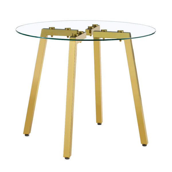 ad226bce00504577958c80d61458a597_925229ee72802455aff7c68addd79761 Modern Luxurious Round Tempered Glass Dining Table with Gold 7-Shaped Metal Legs,suitable for family meals, office conferences, or as a casual coffee table for various occasions.36*36*29.5