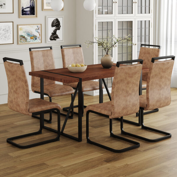 ad2875d93f3b490692cf32f4c520d678_0b597f5c651b636b9a85dcb58e82f32d Table and chair set. A minimalist retro rectangular dining table with a specially textured top and black metal legs, paired with 6 soft chairs and black metal legs, showcases a beautiful home style.