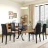 Table and chair set.79"x31.5" Inch Tempered Glass Tabletop With X-shaped Black Metal Table Legs,Wood Grain Textured MDF Crossbeam.Paired With 6 Black PU Dining Chairs, Simple And Versatile.