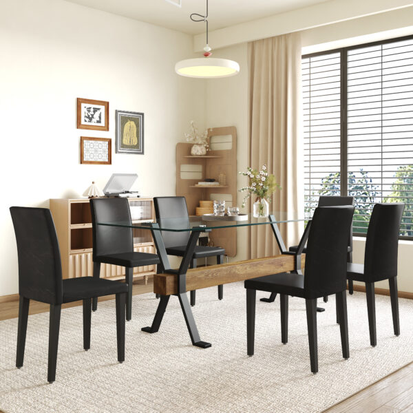 ad45b83484024a86b2be42de3b8fc468_e0926c217b256e18bcca57fd80668775 Table and chair set.79"x31.5" Inch Tempered Glass Tabletop With X-shaped Black Metal Table Legs,Wood Grain Textured MDF Crossbeam.Paired With 6 Black PU Dining Chairs, Simple And Versatile.