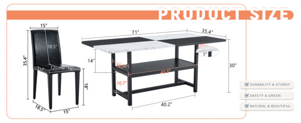 ad524a9dc1d646a689f68cef1d2330b4_6f3f7a47da64b3390bd9258c9eaa224b Table and chair set.71*35.4 inch White And Black Spliced Dining Table With Storage Function In The Middle Of The Table Legs.Paired With 8 Black PU Dining Chairs, Simple And Versatile.