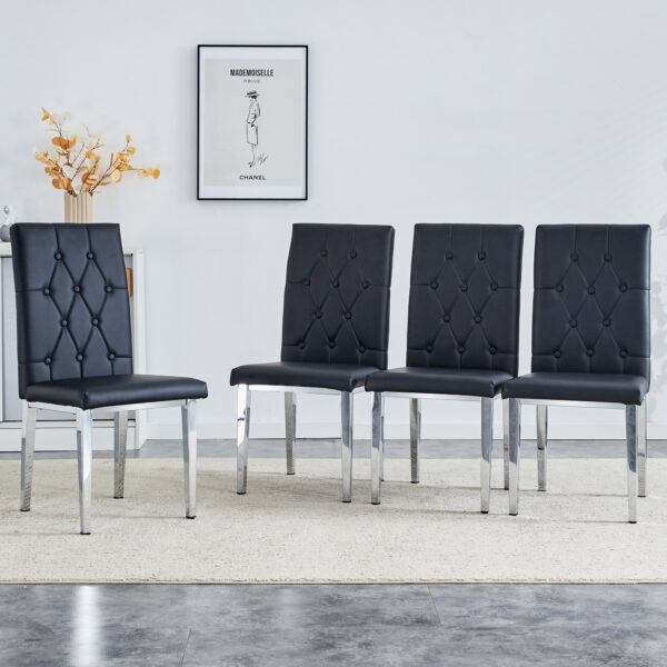 ad5432c104a2462d9ba10c2f669606d4_20240318_6559e02115f7743be837e2dd9f1cedd1 4 piece set of black armless dining chairs brings a touch of elegance and mystery to the dining area with its deep black tone,The grid and buckle design of the back add a vintage yet fashionable touch