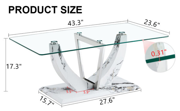 ad5d5ab6b6f54bbdb0bc1b8f4f79fee7_20240206_d9858c619f78ff043eec6f3f9d21458b Modern minimalist transparent tempered glass coffee table with marble patterned MDF legs and stainless steel decorative columns. Computer desk. Game table. CT-907