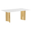 Table and chair set.The table has a glass tabletop with imitation marble pattern stickers and stainless steel golden table legs. Paried with comfortable chairs with PU seats and metal legs.