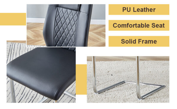 ad730a2e0fcb426fbec6f100645b9861_3710802ee10c07c0db84ee739a86ecd5 Table and chair set.63"x31.5x30" Luxurious Pandora patterned Sintered Stone Tabletop with Silver Stainless Steel Butterfly Legs.Paried With 6 Black High-quality PU Chairs With Arched Metal Legs.