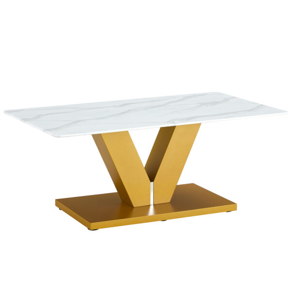 ad8d55c4e5454d908d0b346803955e83_98f0b5b49a75b6194cbd39b383917cd6 Modern minimalist coffee table. Tempered glass with stickers tabletop,golden MDF pillars. Suitable for living room and dining room