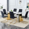 Table and chair set.63"x31.5x30" Luxurious Cold Jade Patterned Sintered Stone Dining Table with Golden Stainless Steel Butterfly Legs.Paried With 6 Black High-quality PU Chairs With Arched Metal Legs.