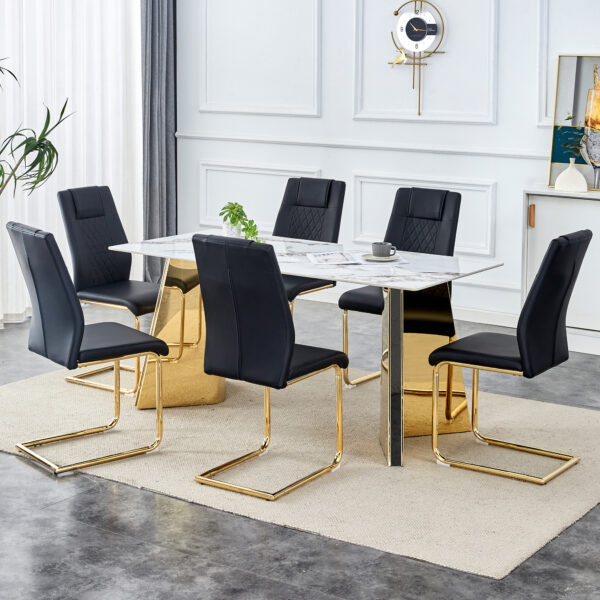 addccb4bd28b4b7d9b8e9103e897e222_c5b2ebf212a078ee26eb1e526fe5e9a6 Table and chair set.63"x31.5x30" Luxurious Cold Jade Patterned Sintered Stone Dining Table with Golden Stainless Steel Butterfly Legs.Paried With 6 Black High-quality PU Chairs With Arched Metal Legs.