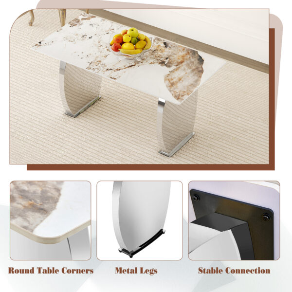 addfb7c8347b4db48279bd21572577ce_812fddea5667550b29fcbe2c89d7d005 Table and chair set.63*31.4 Inch Pandora Patterned Sintered Stone Dining Table Set - 6 White Chairs With Silver Metal Legs.Modern Light Luxury.Perfect For Dinner Room,Meeting Room,Kitchen,etc.