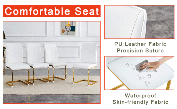 adf2419142824c3a95547452381a3095_69def387330a17ff7bd16942a7bfa285 Table and chair set.Subtle Luxury Tempered Glass Dining Set - 63"x35.4" with 6 White PU Material High Resilience Dining Chairs.Arched Metal Gold Leg.White imitation marble texture sticker Tabletop.
