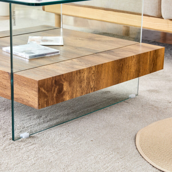 adf8556f3d964665a4fd74abc8bfd193_1094bcb8e1a204764754a55630d1aac6 31.4 Inch Modern Two-Tier Square Coffee Table -An Elegant Combination of Clear Glass and Light Wood Texture Sticker.It can be used not only as a coffee table but also as a side table or display stand.