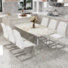 Table and chair set.Modern Luxurious white Marble-Patterned Tempered Glass Dining Table with 6 Chairs.Single fork silver metal table legs.White high-quality PU dining chairs with silver metal legs.