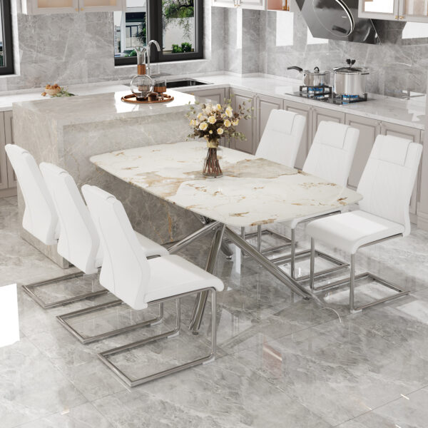 ae0ec04f82104bfd90189722a58627da_2984a60ea31bf2c650c4a2f77aec232c Table and chair set.Modern Luxurious white Marble-Patterned Tempered Glass Dining Table with 6 Chairs.Single fork silver metal table legs.White high-quality PU dining chairs with silver metal legs.