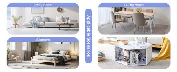 ae2180d5bcde4718bcc812e2f8cca567_d9e9219381631bc26a188487653f9962 Hexagonal MDF coffee table, characteristic pattern stickers, multi-hole design to give more storage space, simple and convenient design makes it suitable for all kinds of style scenes.