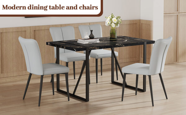 ae220ab77a2d47bda44feea6d045dd58_26d936522c6d7368ba0ff6ad43939f66 Table and chair set.Modern Black Marble Pattern MDF Dining Set - 55"x31.4"with 4 Light Gray PU chairs with a vertical stripe design on the backrest.Suitable for kitchen,Dining room,etc