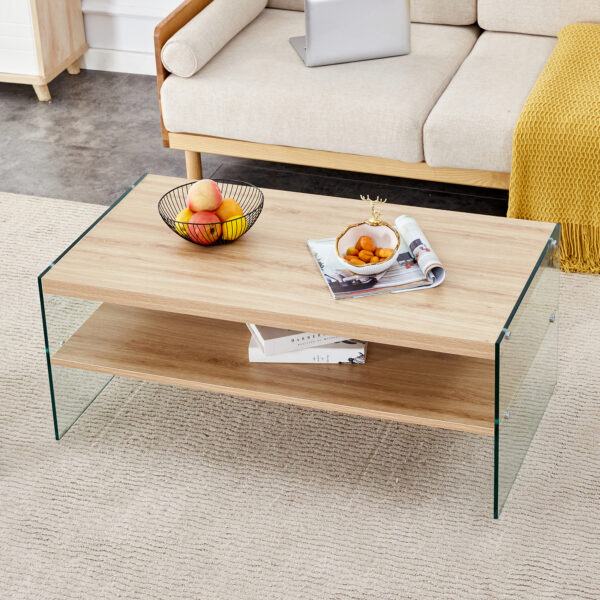 Double layered rectangular coffee table.The board is made of MDF with wooden stickers, with transparent tempered glass on both side.Suitable for various occasions such as living rooms and bedrooms.