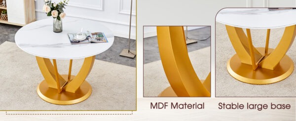 ae29d274492a4287868a4174f9a093d4_1eb20d7c305567623d37bb9e11d1f71c Table and chair set.Luxurious Snow Mountain White Slab Round Dining Table Set - 47"x47" with 4 Black PU Chairs with Simple Line Designs On The Backrest .Golden Metal Legs.