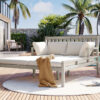 TREXM Outdoor Daybed, Patio Daybed with Four Pillows, Wooden Outdoor Bed with Curved Armrests for Poolside, Backyard, Garden (Gray+Beige Cushion)