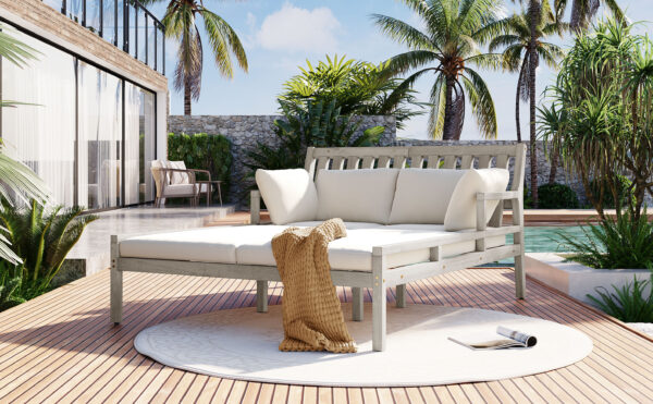 TREXM Outdoor Daybed, Patio Daybed with Four Pillows, Wooden Outdoor Bed with Curved Armrests for Poolside, Backyard, Garden (Gray+Beige Cushion)