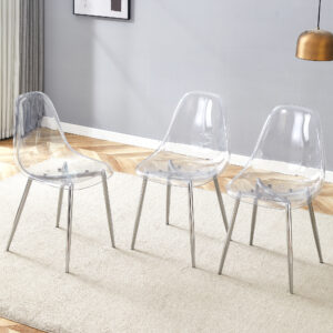 Transparent and stylish ergonomic dining chair unlocks a new experience of lightweight fashion, comfort, and stability. Transparent seat cushion, silver metal legs. One box of three.