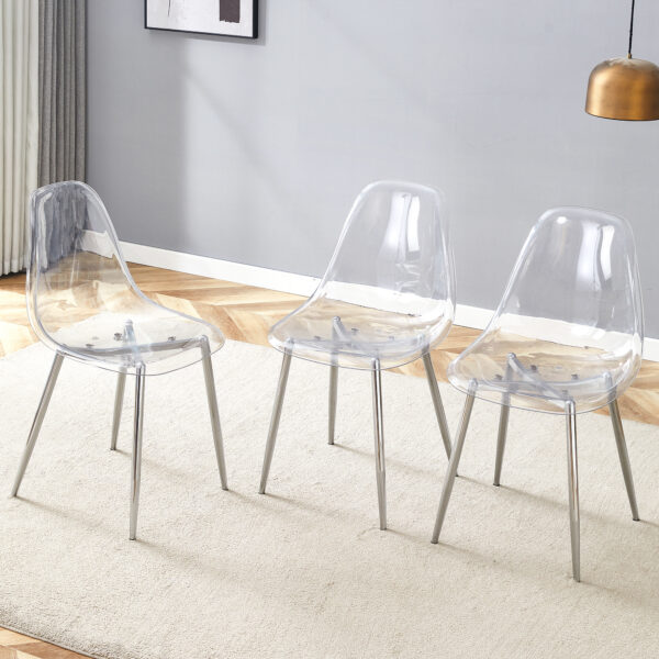ae71dc076f954467ad40910f4ef00b68_56d0b9ecf5b09e29a8c8c9698a7025c5 Transparent and stylish ergonomic dining chair unlocks a new experience of lightweight fashion, comfort, and stability. Transparent seat cushion, silver metal legs. One box of three.