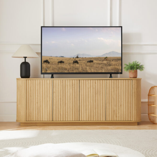 Sideboard Storage Cabinet TV Stand with wave pattern Buffet Cabinet Wooden Vertical Striped Cabinet for Kitchen/Bedroom/Entryway. Natural, 64''W x 15''D x 24''H.
