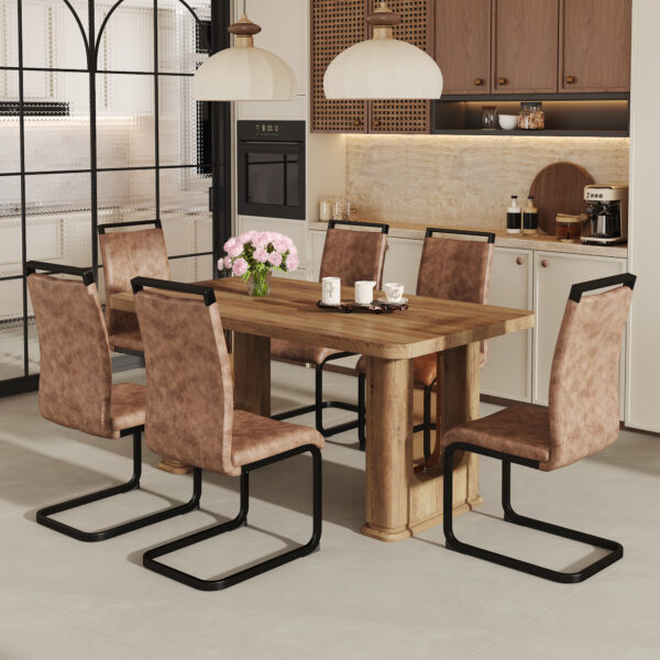 ae743235166e42c18d0328633c36a325_674c2f2a66e725db1dfed97e6582b633 Table and chair set.64.5 x 35.4 Inch Stylish Wood Color Textured Dining Table.Perfectly Blending Simplicity And Transparency.Paried With 6 Brown technology fabric chairs with arched black legs.