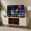 Deluxe Sculpted Modern Fashion Geometric Style TV Stand, Aluminum Frame Tempered Glass Door 4 Drawer Chest with Adjustable Metal Feet ,White,59.9"L x 15.7"W x 21.7"H