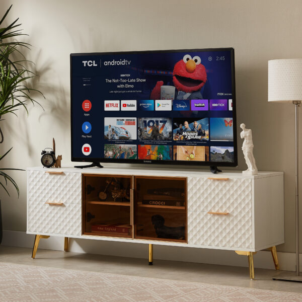 Deluxe Sculpted Modern Fashion Geometric Style TV Stand, Aluminum Frame Tempered Glass Door 4 Drawer Chest with Adjustable Metal Feet ,White,59.9"L x 15.7"W x 21.7"H