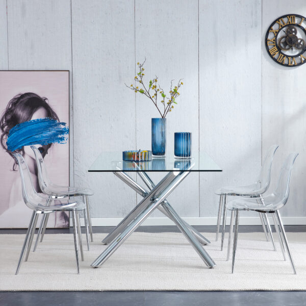 ae88ea784a3c4c1eb2d04ba00e0b3c87_20230114_6a75f070bd8527882971dcc2c8b1f734 Modern minimalist transparent dining chair, plastic chair, armless crystal chair, Nordic creative makeup stool, negotiation chair, silver plated metal leg 6-piece set, TW-1200