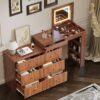 Vanity Desk with Mirror and Lights, Makeup Vanity Table with Flip-Top Tabletop and Storage 7 Drawers, 9 Compartments, 3 Shelves, 3 Color Modes Adjustable Makeup Table for Bedroom, Walnut
