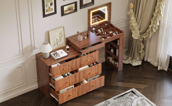 Vanity Desk with Mirror and Lights, Makeup Vanity Table with Flip-Top Tabletop and Storage 7 Drawers, 9 Compartments, 3 Shelves, 3 Color Modes Adjustable Makeup Table for Bedroom, Walnut