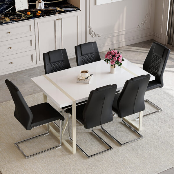 aedddc3aeef24db6b99341cddb972489_4dbc582231c18e916af028c1308bb0e7 Table and chair set.55"x31.4" Cream-Style White MDF Dining Table Set with 6 Black Chairs With Silver Metal Legs.MDF Tabletop and metal frame legs.Adding a warm and gentle atmosphere to your family.