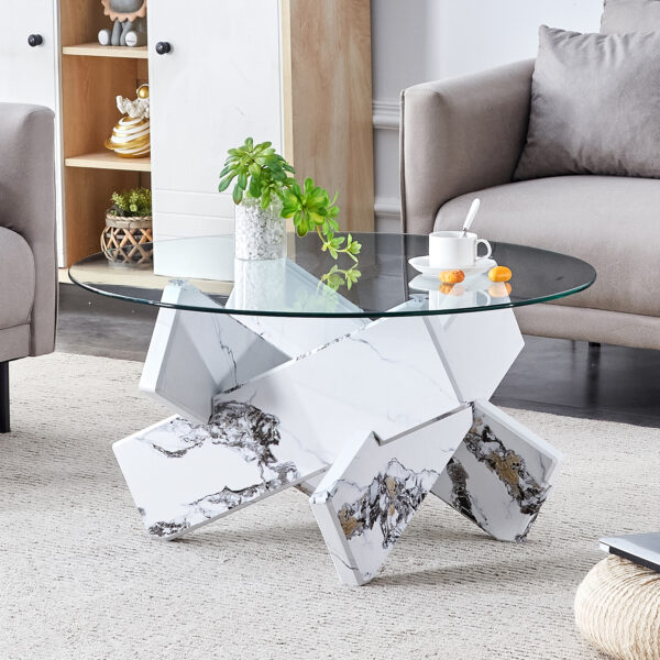 aee66043622541babdff4e750e0c1723_008d34acc0c4fba1a79a2ca777153eb9 Round glass coffee table, 33.4 "modern design unique coffee table. Tempered glass countertop with white patterned MDF legs. Suitable for living and dining rooms
