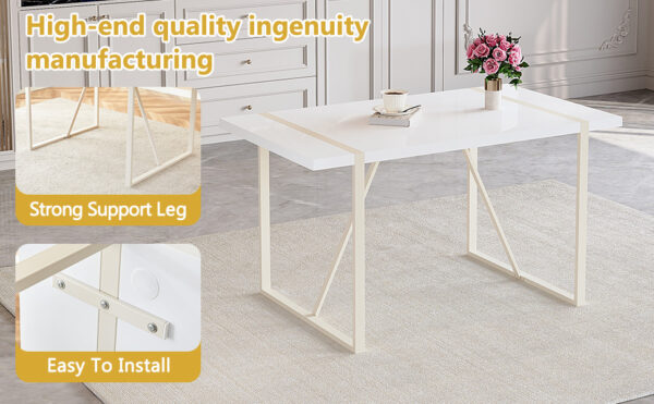 af0d5f5955924746b6fb71c2515b1214_1d6bd786bb9598826cabd79e4c133f27 Table and chair set.55"x31.4" Cream-Style White MDF Dining Table Set with 6 White Chairs With Silver Metal Legs.MDF Tabletop and metal frame legs.Adding a warm and gentle atmosphere to your family.