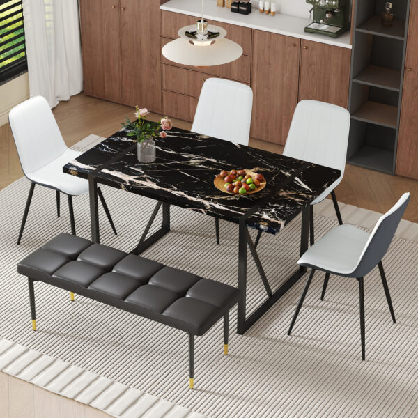 af1daf9995724ddaa36f859d01b9679f_9e76cb01afb762b22793da672e297aa9 Table and chair set.Modern Black Marble Pattern MDF Dining Table Set - 55"x31.4" with 4 Extended Seat Cushion PU Dining Chairs and 1 Bench,A Choice of Subtle Luxury for Modern Homes.
