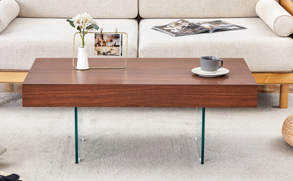 af36064b586644caa3eac08f239eb577_80cda209277462878a73bfa75a29a6af Walnut Colored MDF Coffee Table - 39.3"x21.6" with Tempered Glass Legs.Density Board Sticker,Reinforced Glass Legs.Walnut Colored Texture Sticker.