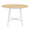 A modern and minimalist circular dining table with a 42 inch diameter wood colorer patterned tabletop and white metal legs. Suitable for restaurants, living rooms, and conference rooms.