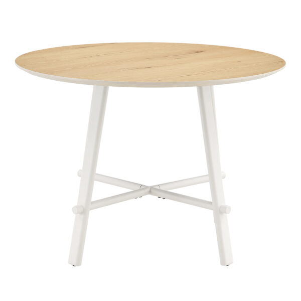 af5b077f63004d68becfea2544c7b1d8_b89b4cc8ecba7f29fd323d8a92bb30fc A modern and minimalist circular dining table with a 42 inch diameter wood colorer patterned tabletop and white metal legs. Suitable for restaurants, living rooms, and conference rooms.