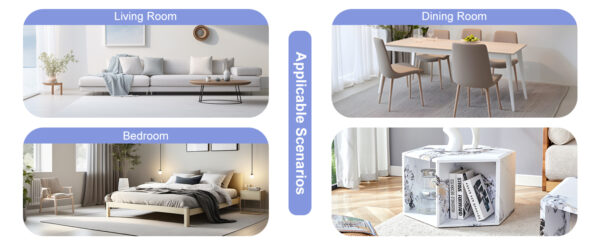 af5b60bdbf4e48a6ad6f6f0c636bae52_7ccade65fbb7354bd60baf042e665be7 Hexagonal MDF coffee table, characteristic pattern stickers, multi-hole design to give more storage space, simple and convenient design makes it suitable for all kinds of style scenes.