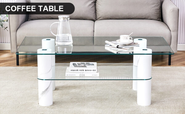 af7d92c819f04d199c4459d2be3814e6_20240311_a685813c5a3b0346821a846d04ec907e Modern minimalist double layered transparent tempered glass coffee table and coffee table, paired with white MDF decorative columns. Computer desk. Game table. CT-X02