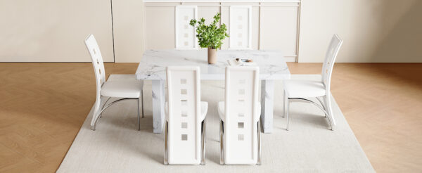 afac817608d447f48ff5a70e9471e517_b515add99b4a62ef12bb6346f65c309b Table and chair set.63"*35.4" White Imitation Marble Pattern MDF Dining Table Set - 6 PU Chair With White Saddleback, Geometric Pattern Backrest,Silver Curved Metal Leg.Suitable For Various Scenes.