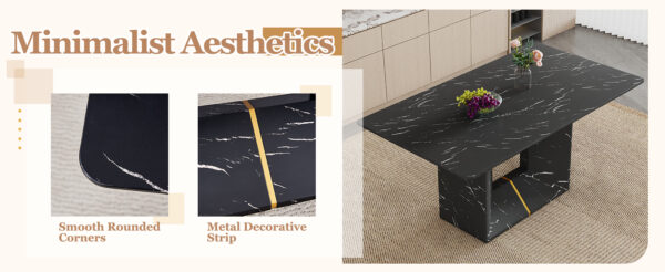 Table and chair set.Black Marble Pattern MDF Dining Table Set - 63"x35.4" with 6 Light Gray Linen Fabric Chairs.Integrated Seat and Backrest,Linen-Cotton Material.Suitable for kitchen,Dining room,etc.