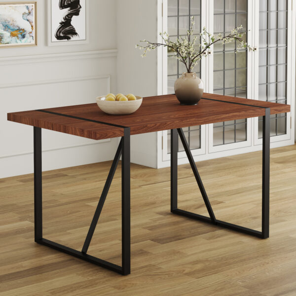 afef9580c4df46fb8c8d233f6e7aa2c9_7314c764e8a29df00a9f5986cbb4a1a7 Industrial Rectangular MDF Walnut Color Wood Grain Dining Table for 4-6 people with 1.5 inch thick MDF top and black metal legs for desks, kitchens, patios, dining rooms.