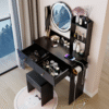 17" Round LED Mirror Vanity Table+Cushioned Stool, Equipped With 2 AC+2 USB Power Socket, Big Mirror, Touch Switch, 3 Colors, Adjustable Brightness, Large Desktop, Multi-layer High Capacity Storage